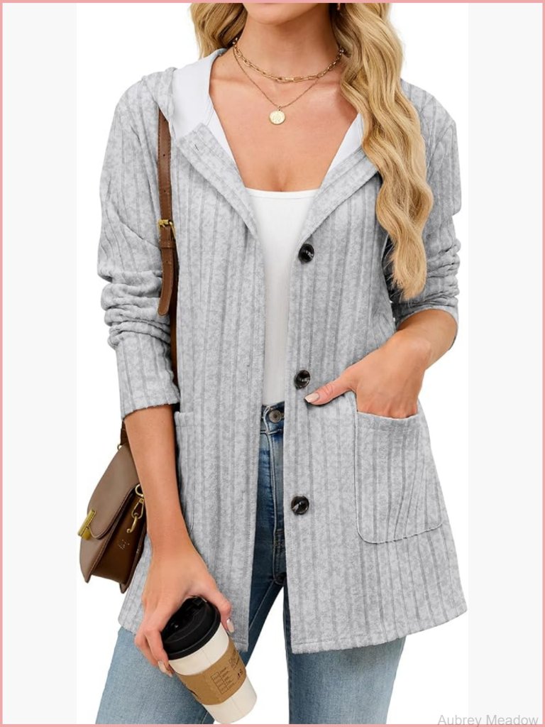 Cardigan Sweater Hooded Long Sleeve Button Down Open Front Pockets Business
